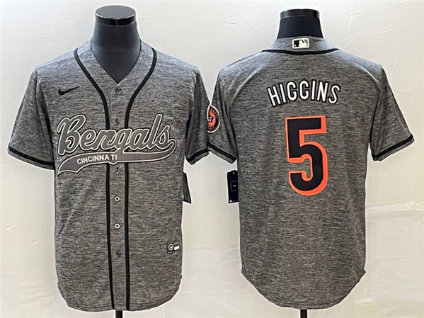 Cincinnati Bengals #5 Tee Higgins Gray With Patch Cool Base Stitched Baseball Jersey